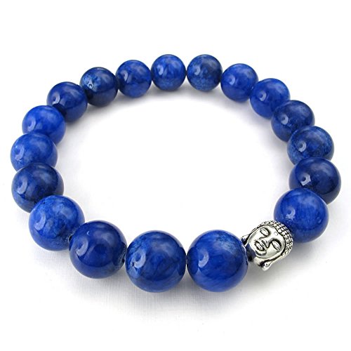 KONOV 10-12mm Natural Energy Stone Beads Gemstone Mens Womens Bracelet, Buddha Mala, Blue Silver