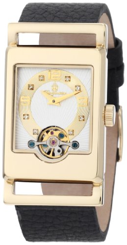 Burgmeister Delft BM510-282 Damen Automatik Uhr IP Gold wei&szlig;-gold offene Unruh Swarovski-Kristalle Leder schwarz