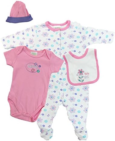 Affection Baby Clothing Love Baby Girl Bodysuits Nightwear Bibs and Hat, 4 pieces