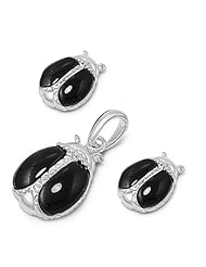 Sterling Silver Nature Ladybug Pendant and Earrings Jewelry Set with Black Onyx Stones