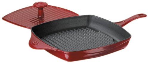 Calphalon Enamel Cast Iron Panini Pan with Press, Cabernet Red