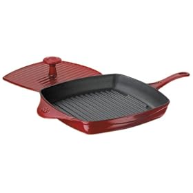 Calphalon Enamel Cast Iron Panini Pan with Press, Cabernet Red by Calphalon