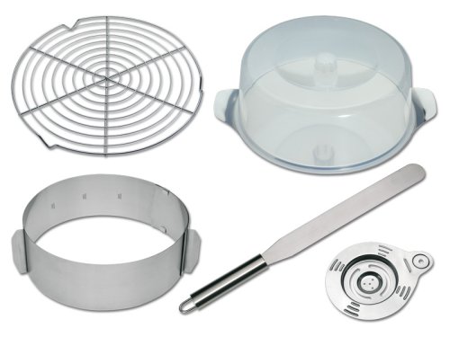 chg Set201-17 Set professionale da forno 6 pezzi Piatto da torta con campana, diametro: 30 cm, altezza: 11 cm; anello per torta con gradazione variabile da 16 a 30 cm, altezza: 8,5 cm; paletta per spalmare 37 x 3 cm; separa uova 14 x 11 cm; griglia per torta, diametro: 30 cm, altezza: 2 cm
