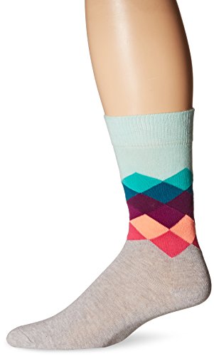 Happy Socks Men’s Unisex Combed Cotton Crew – Gray Faded Diamond, Grey/Green, 10-13 (Pack of 1)