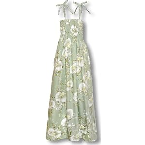 Tea Length Smocked Dress - White Orchid Versatile Ties Hawaiian Aloha Smocked Sun Dress