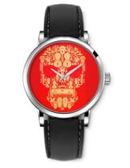 SPRAWL Aanalog Fashion Series Silver Ladies Watches of Genuine Black Leather Strap,Unique Wrist Watch for Women Girls Designed with Skull on red background
