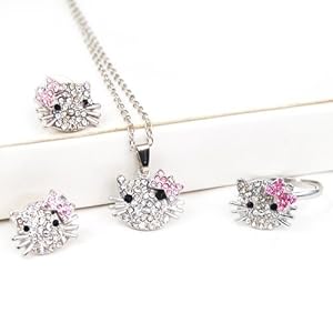niceEshop(TM) Silver Kitty Rhinestone Crystal Fashion Jewelry Set with Pink Bow - Ring+Earrings+Necklace 3 in 1 Set +Free niceEshop Cable Tie