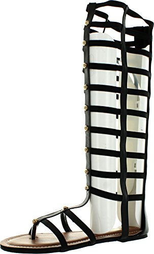 Wild Rose CB21 Women Leatherette Open Toe Studded Knee High Gladiator Sandal - Black