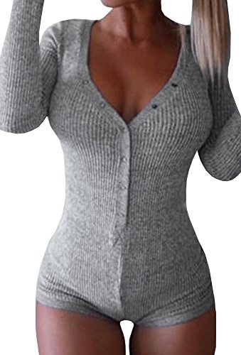 Chuanqi Women's Long Sleeve Knitted Bodysuit Rompers, Grey, Small