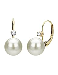 14k Yellow Gold with .10 Ctw Diamond 9-10mm Perfect Round White Akoya Cultured Pearl High Luster Leverback Earring. Include Small Gift Box with Ribbon.