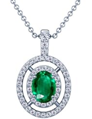 18K White Gold Oval Cut Emerald And Round Diamond Pendant