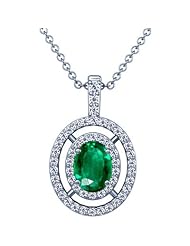 14K White Gold Oval Cut Emerald And Round Diamond Pendant