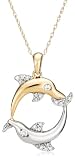 14k Two-Tone Gold Diamond Dolphin Circle Pendant (1/10 cttw, G-H Color, I1 Clarity), 18