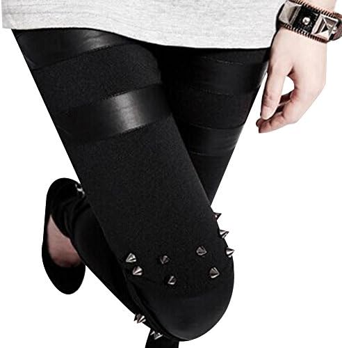 Cat Sister Rock Punk Style Rivets Cotton Patchwork Faux Leather Women Leggings
