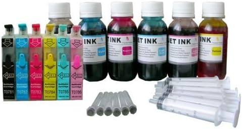 iE-Set of Refillable ink cartridges and an Extra set of high quality refill ink bottles-100ml per color, total 600ml 98 / 99 For Epson Artisan All in one 600 700 710 725 730 737 800 810 835 837