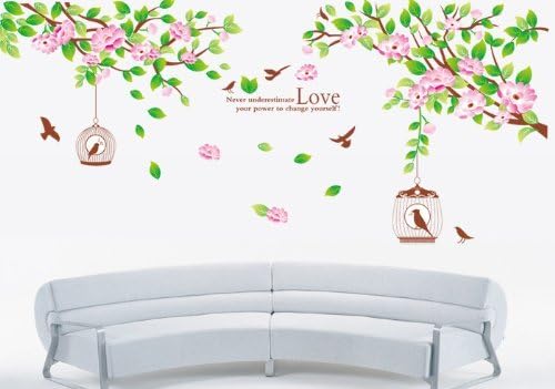 1 X Free Will Love Quote Wide Branch Tree Flowers Leaves with Birds and Birdcage Wall Decal Home Decor Sticker