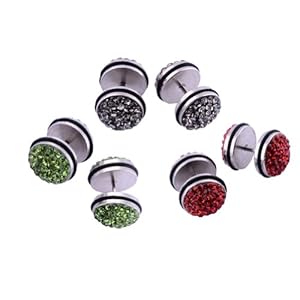 Kadima Stainless Steel Fake Plugs with Swarovski CZ Bling Rhinestone Gemstone,Lot of 6 10MM Look - Black Diamond,Peridot,Red