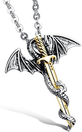 JSea Jewelry Stainless Steel Pterosaur and Sword Pendant Dragon Necklace Men Boys