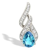 14K White Gold Genuine Pear Blue Topaz and Diamond Flame Pendant