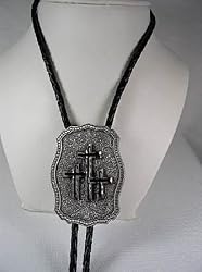 Diamondcut Three Crosses Enamel Pewter  Religious Bolo Tie