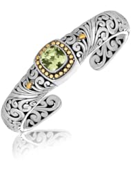 18K Yellow Gold and Sterling Silver Bangle with a Cushion Green Amethyst Accent