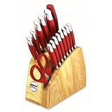 KitchenAid KA1PR16N Cooks Series 16-piece Cutlery Set with Traditional Natural Block, Red Handles
