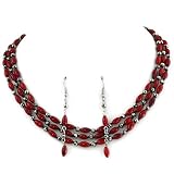 Three Strand Imitation Coral Bead Necklace and Earrings Set Fashion Jewelry