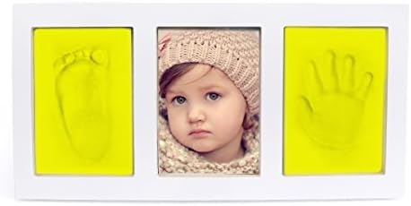 Baby Boy Girl Handprint Footprint, Safe Clay Babyprint Casting Impression Kit, Classic Desktop Wooden Photo Frame, Baby Gift for Registry Yellow