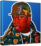 50 Cent - Pop Art Print (Multicolour; Blue Background) 30 x 30 x 2 cm Medium Square Deep Box Canvas