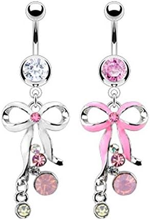 {Pink} 316L Steel Navel Belly Button Ring w/ Epoxy Bow Tie w/ CZ Clusters - 14 GA 3/8" Long (Sold Ind.)