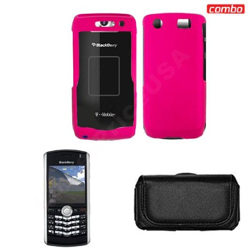 Blackberry pearl 9100 Combo Rubber Feel Hot Pink Protective Case Faceplate Cover + LCD Screen Protector + Black Horizontal Leather Pouch for Blackberry pearl 9100