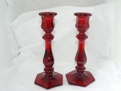 Two 7.5" Column Ruby Red Glass Candle Stick Pair Ohio Made