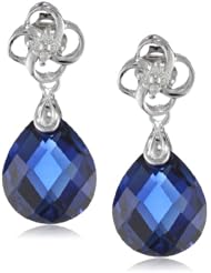 10k White Gold Created Blue Sapphire Briolette and Diamond Dangle Earrings
