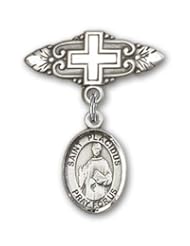 Sterling Silver Baby Badge with St. Placidus Charm and Badge Pin with Cross