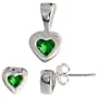 Sterling Silver Matte-finish Heart Earrings (7mm tall) & Pendant (13mm tall) Set, w/ Princess Cut Emerald-colored CZ Stones