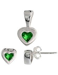 Sterling Silver Matte-finish Heart Earrings (7mm tall) & Pendant (13mm tall) Set, w/ Princess Cut Emerald-colored CZ Stones
