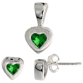 Buy Sterling Silver Matte-finish Heart Earrings (7mm tall) and Pendant (13mm tall) Set, w Princess Cut... by Sabrina Silver