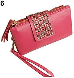 Women Charming Rivet Wallet Card Coin Clutch Purse Wristlet Chic Evening Bag Color: Rose-Red