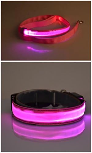 Lattice Reflective LED High Visibility Flashing Lights Nylon Pet Dog Puppy Pup Night Safty Collar and Leash (set)-XL#(Pink) White)