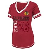 NHL Women's Chicago Blackhawks Bling Beauty Short Sleeve V-Neck Boyfriend Tee (Athletic Red Pepper Heather/White, Small)