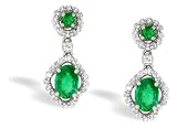 14K White Gold Genuine Oval Emerald and Diamond Drop Earrings