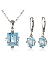 Sterling Silver Blue Topaz Rectangular Lever Back Earrings and Pendant Necklace Set, 18"