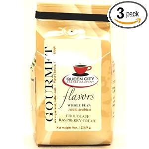Queen City Chocolate Raspberry Creme Flavored Whole Bean Coffee, 8-Ounce Bags (Pack of 3)