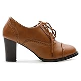 Ollio Women's Classic Chic Lace Ups High Chunky Oxford Heels Multi-Color