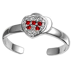 Sterling Silver Fashion Toe Ring - Heart wtih Ruby CZ - 2mm Band Width