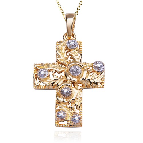 18k Yellow Gold Plated Sterling Silver Diamond Cross Pendant, 18"