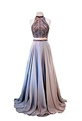 Chiffon Halter  Crystal  Open-Back Crystals Beaded Sequined Prom Dress  With Rhinestones and Ruffles