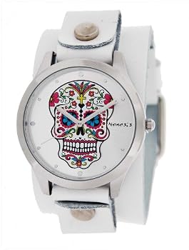 Nemesis #WGB925S Women's White Wide Leather Band With Tatto Skull Watch