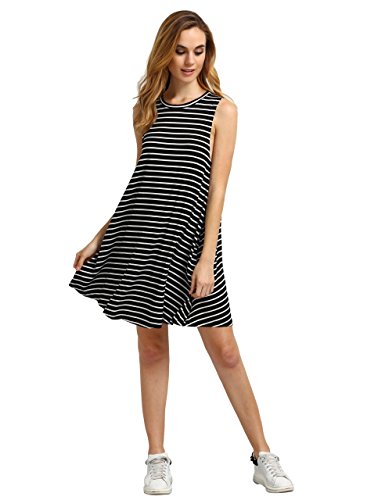 ROMWE Women's Striped O Neck Sleeveless Simple Loose Swing Dress Tunic Dress
