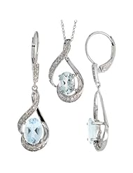 14k White Gold Dangle Earrings (19mm tall) & 18 in. Pendant-Necklace Set, w/ 0.20 Carat Brilliant Cut Diamonds & 3.64 Carats Oval Cut (7x5mm) Aquamarine Stones